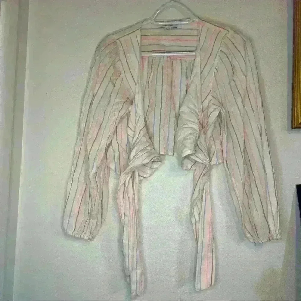 American Eagle Crop Tie Front Long Sleeve Stripe Linen Blend Top size Small - Picture 4 of 8